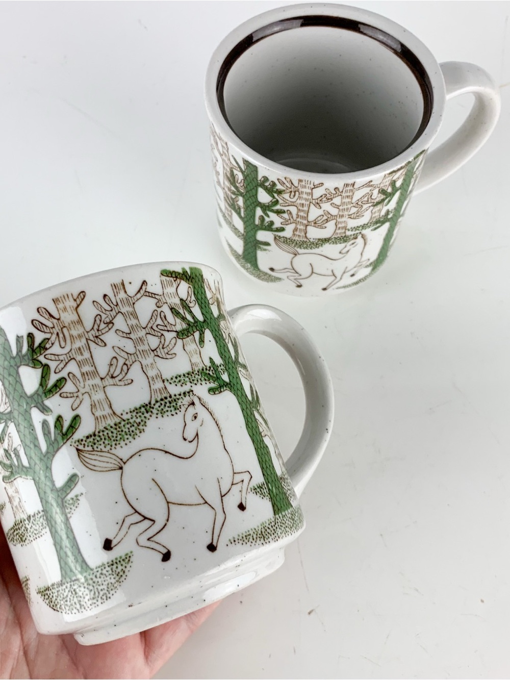 Pair Vintage Stoneware medieval Tapestry Cup Coffee Tea Mugs Cottage Kitchen